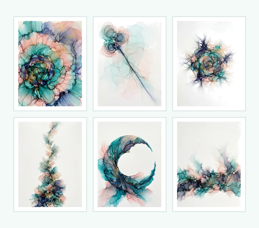 Two framed alcohol ink art prints with intricate floral blooms and gold veins displayed.