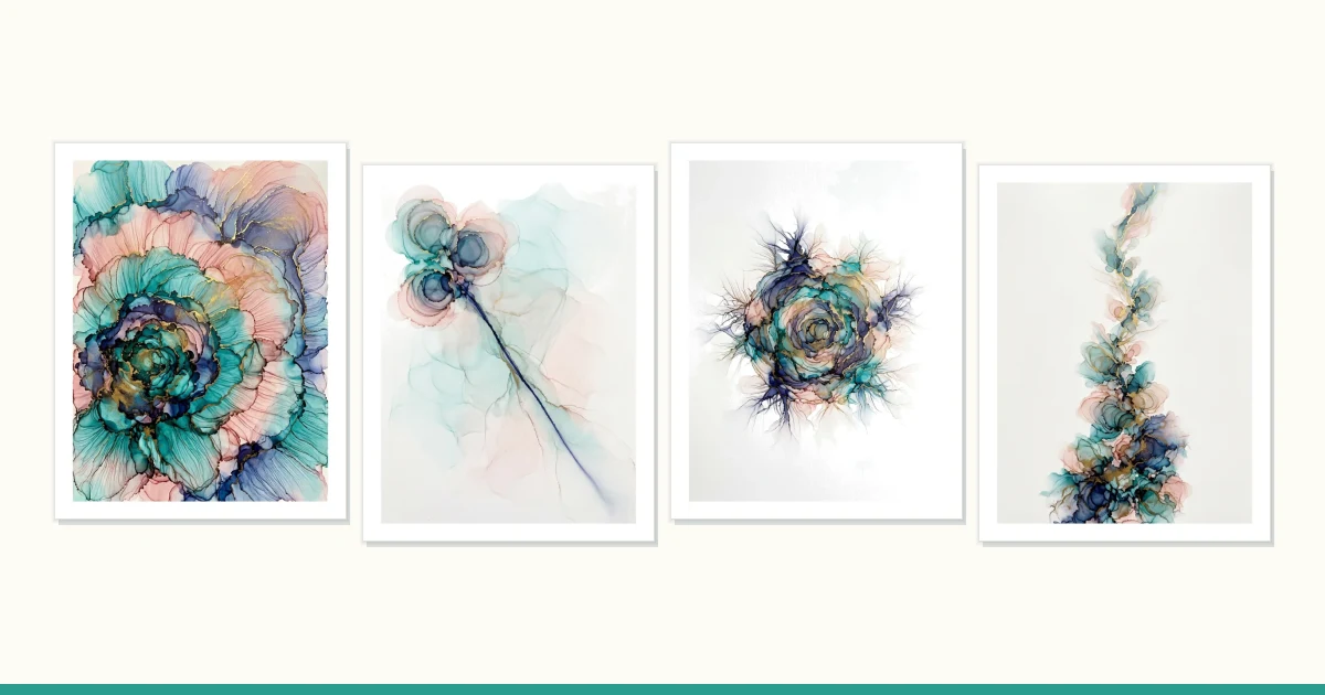 Four framed alcohol ink art prints featuring abstract floral and organic shapes in blues, pinks, and greens.