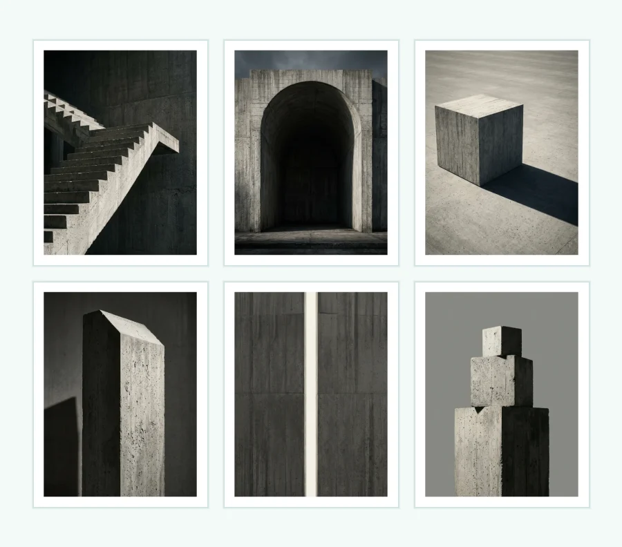 Six framed prints of brutalist concrete architecture including stairs, an arch, a cube, a pillar, and stacked blocks.