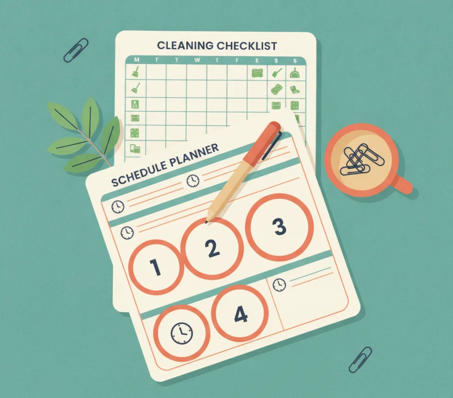 Overhead view of cleaning checklist and weekly schedule printables with a pen and mug on a pond teal desk.