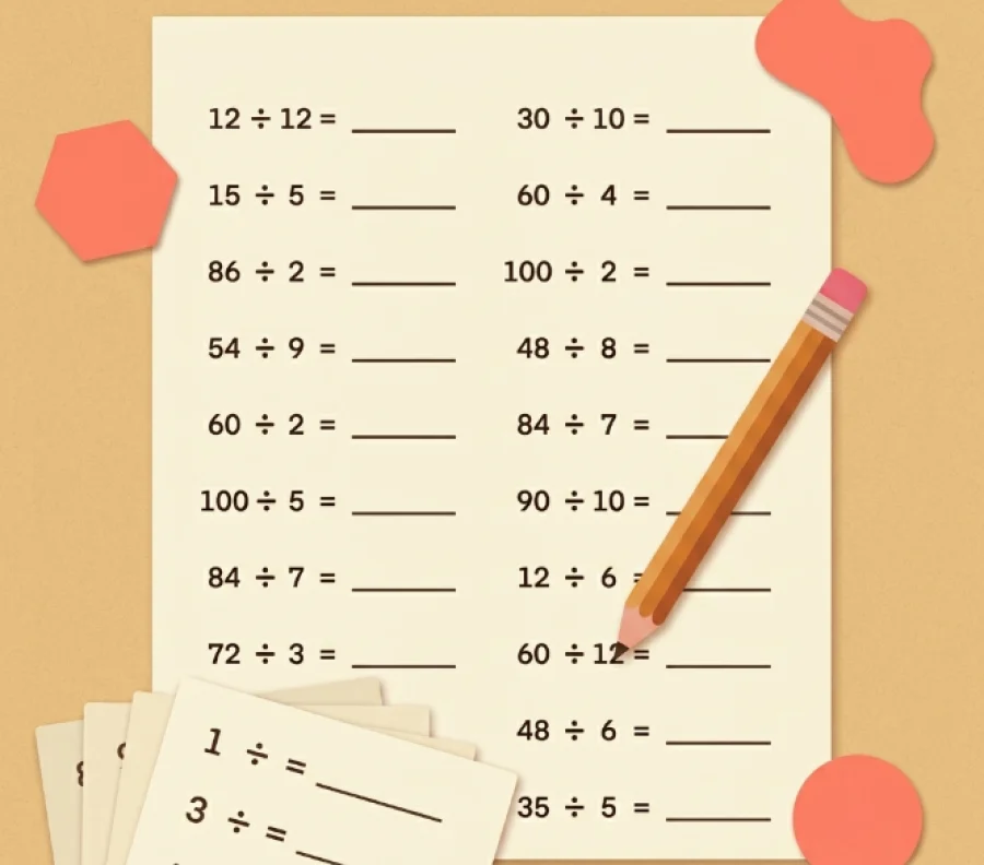 Cream division worksheet with math problems up to 100, pencil, and stacked worksheets on a warm sand background.