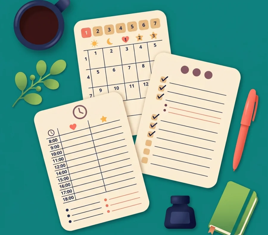 Overlapping planner sheets for daily, weekly, and to-do lists with a pen, mug, and greenery on a teal desk.