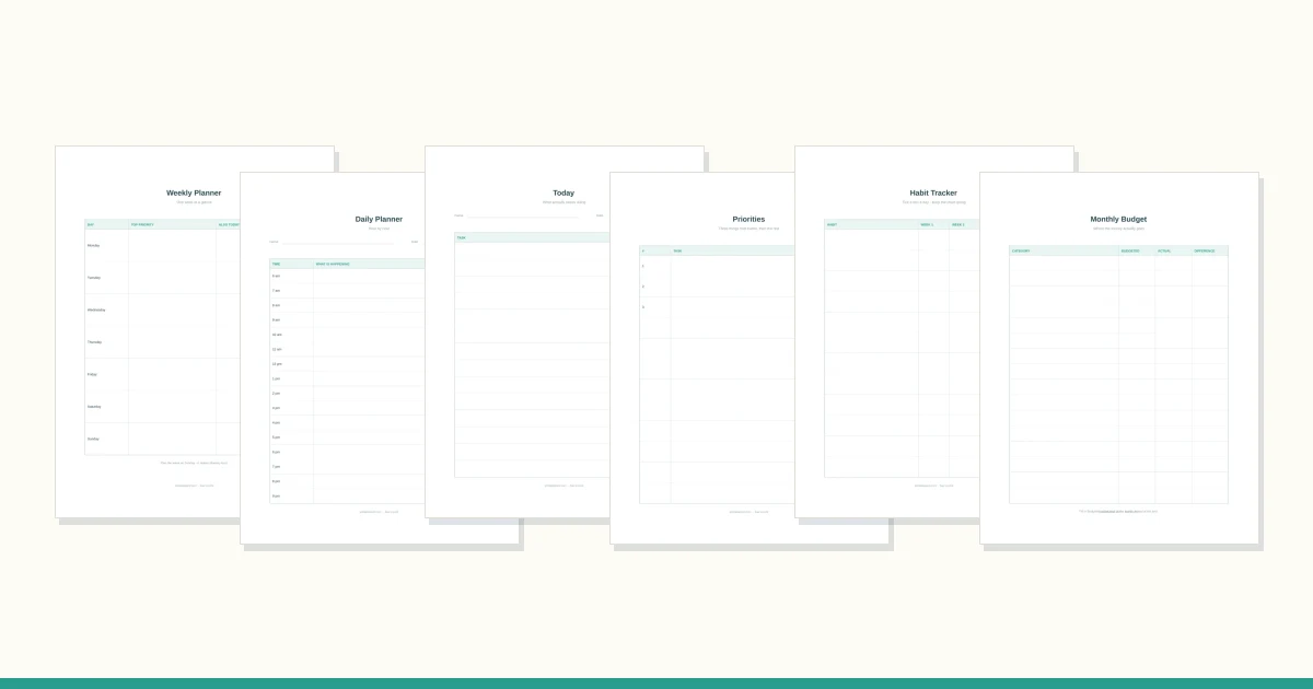 Three printed planner sheets with a pen and a coffee cup seen from above