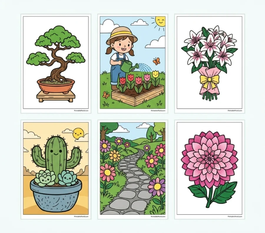 Six different nature and floral themed coloring pages in a grid.