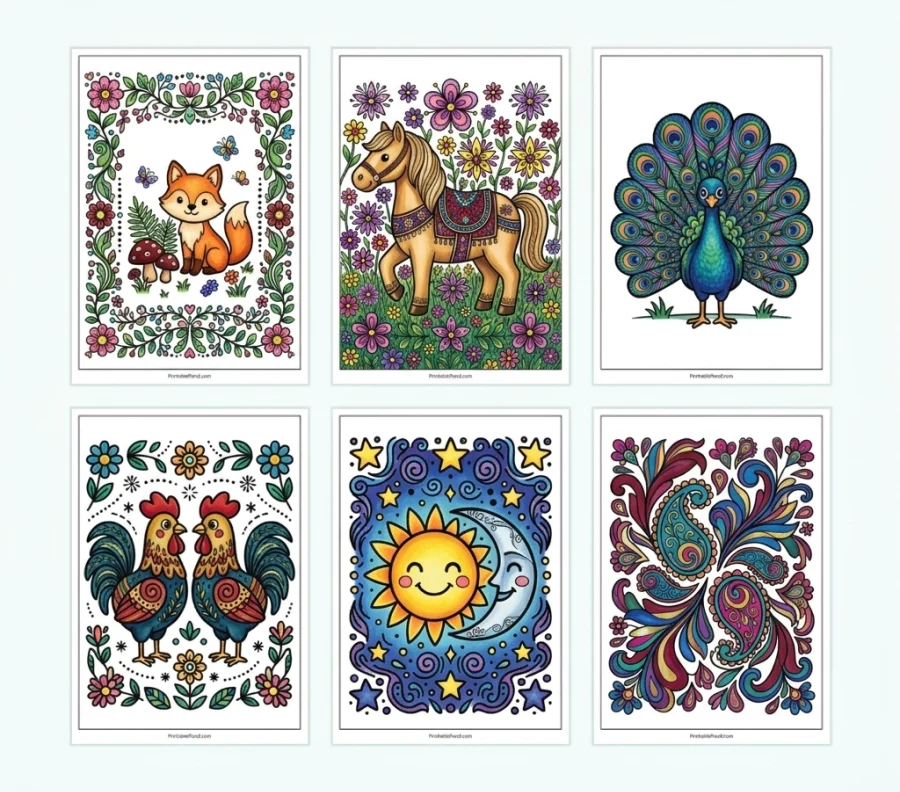 Six folk art coloring pages featuring a fox, letter A, horse, paisley, heart, and peacock.