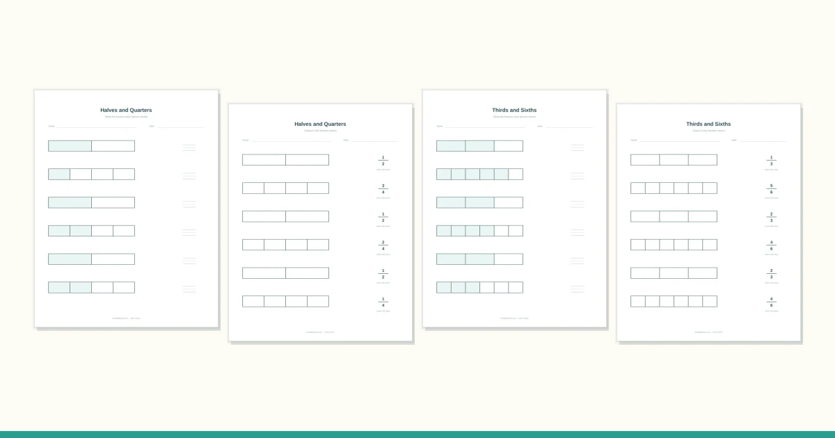 A fractions worksheet with bars divided into equal parts and partly shaded
