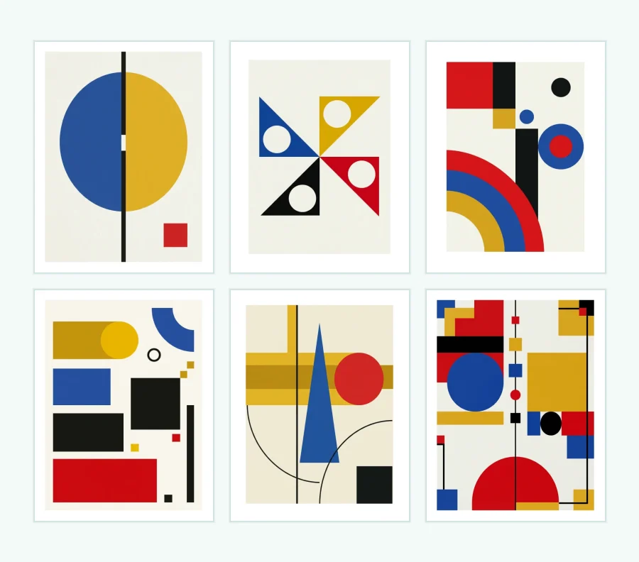 Six framed abstract geometric art prints in red, blue, yellow, black, and white.