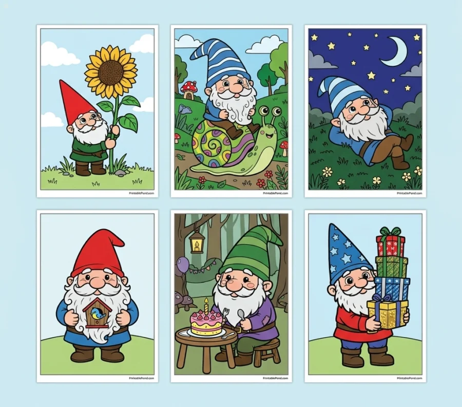 Six gnome coloring pages arranged in two rows of three, featuring gnomes with sunflowers, snails, gifts, and cake.
