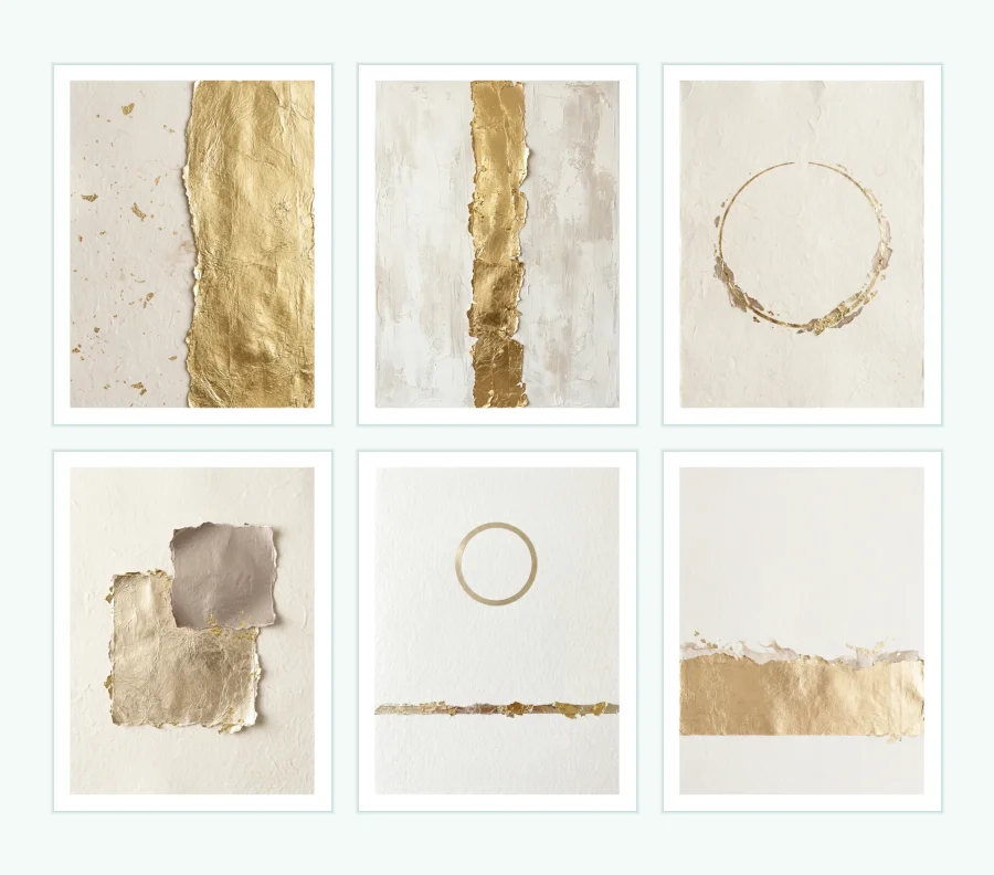 Six framed abstract art pieces featuring gold leaf textures and neutral backgrounds.