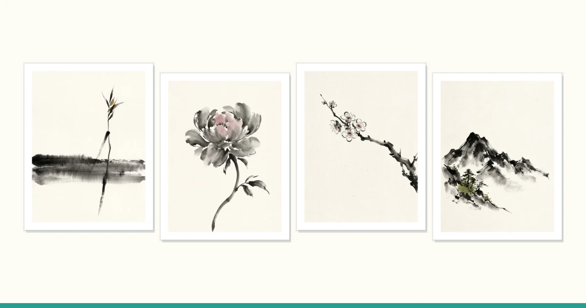 Four framed ink wash paintings featuring a single bamboo stalk, a peony flower, a flowering branch, and a mountain landscape.