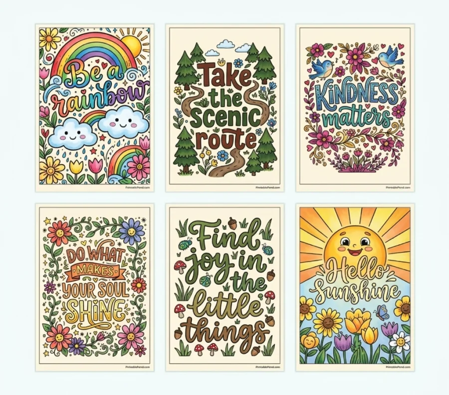 Six inspirational quote coloring pages featuring rainbows, nature scenes, and sunshine. All are printable PDFs.