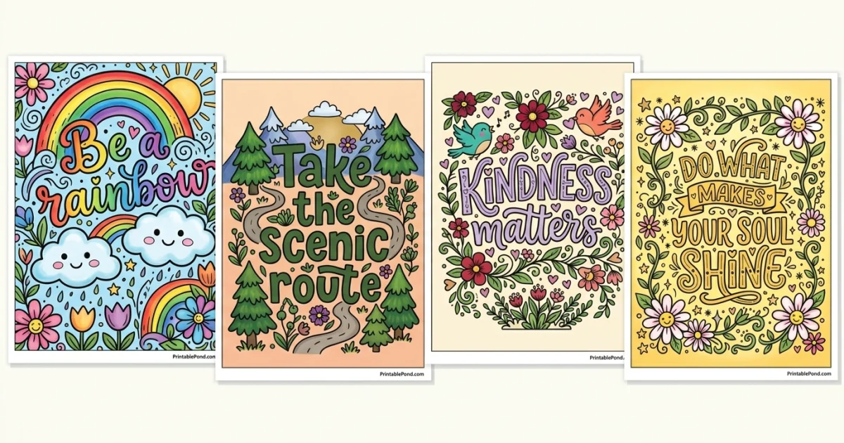 Four inspirational quote coloring pages featuring rainbows, nature scenes, and floral designs.