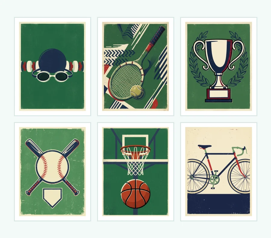 Six framed sports art prints: swimming gear, tennis racket and ball, trophy, baseball equipment, basketball hoop and ball, and a bicycle.