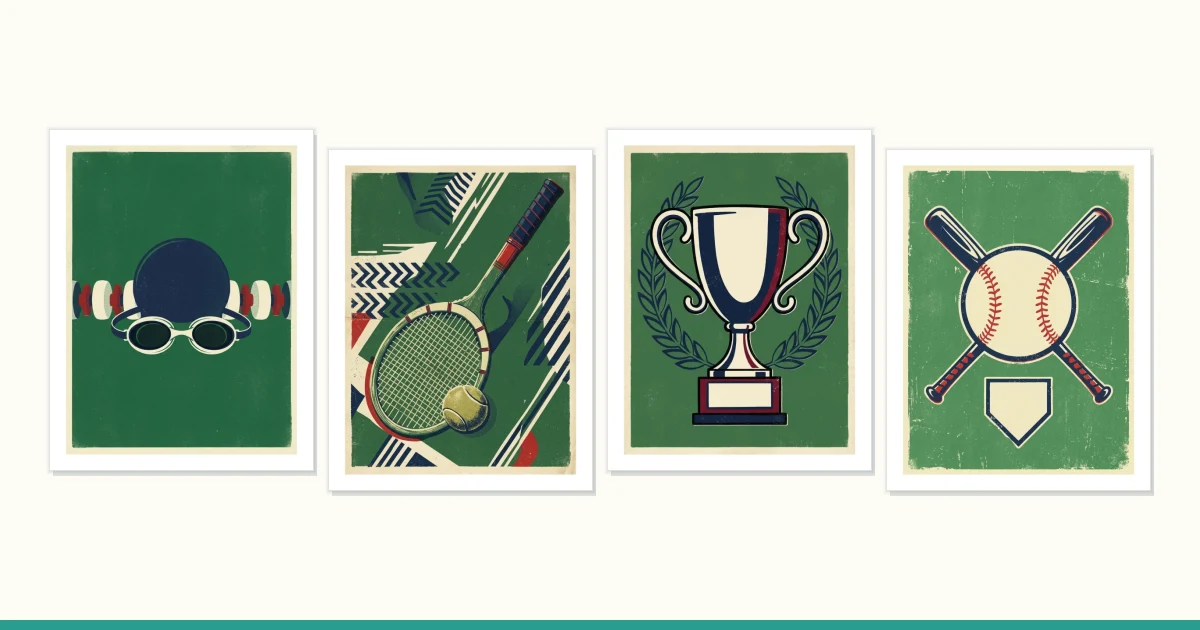 Four framed vintage-style sports art prints featuring swimming, tennis, a trophy, and baseball.