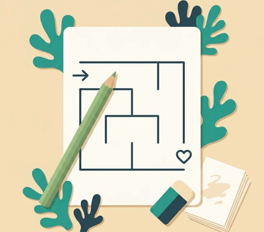 A toddler maze worksheet with a heart, a pencil, eraser, and other worksheets on a coloured desk.