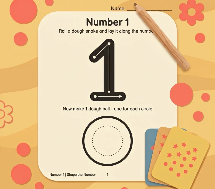 Cream play dough smash mat with the number 1, pencil, stacked sheets, and coral paper shapes on a warm sand background.