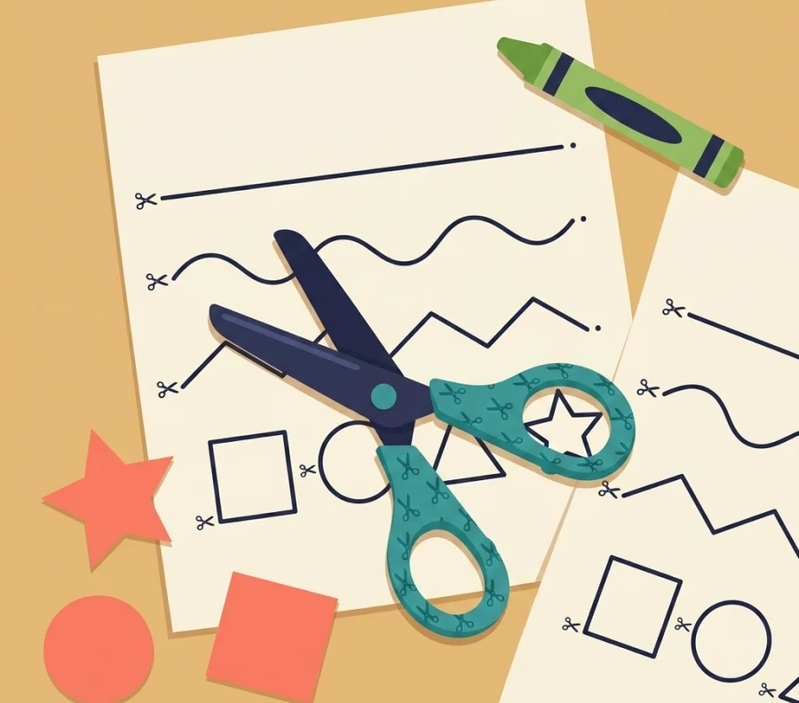 Printed scissor skills cutting practice worksheet with lines and shapes, child-safe scissors, coral paper shapes, and a green crayon on a warm sand surface.