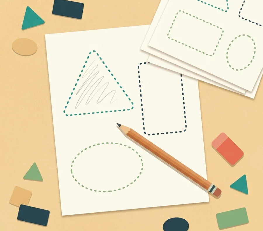 Printed worksheets of basic shapes like triangle, rectangle, and oval with a pencil and eraser on a desk.