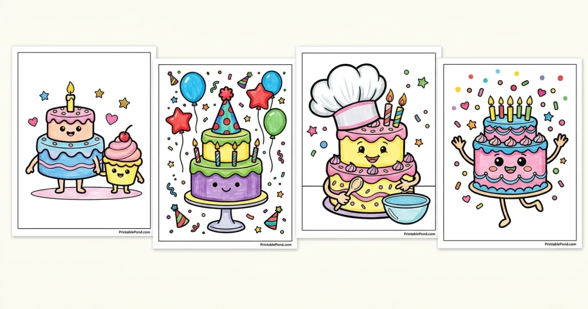 Four coloring pages featuring cute cartoon cakes and cupcakes with faces, candles, and party decorations.