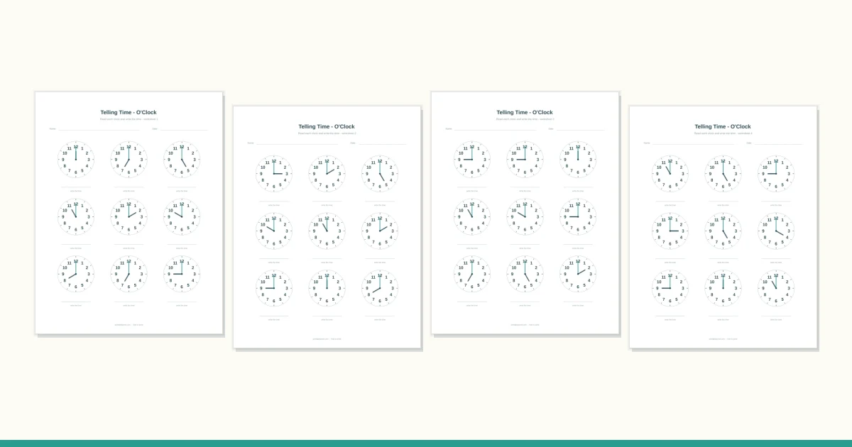 A large analogue clock face beside a worksheet with smaller clocks to read