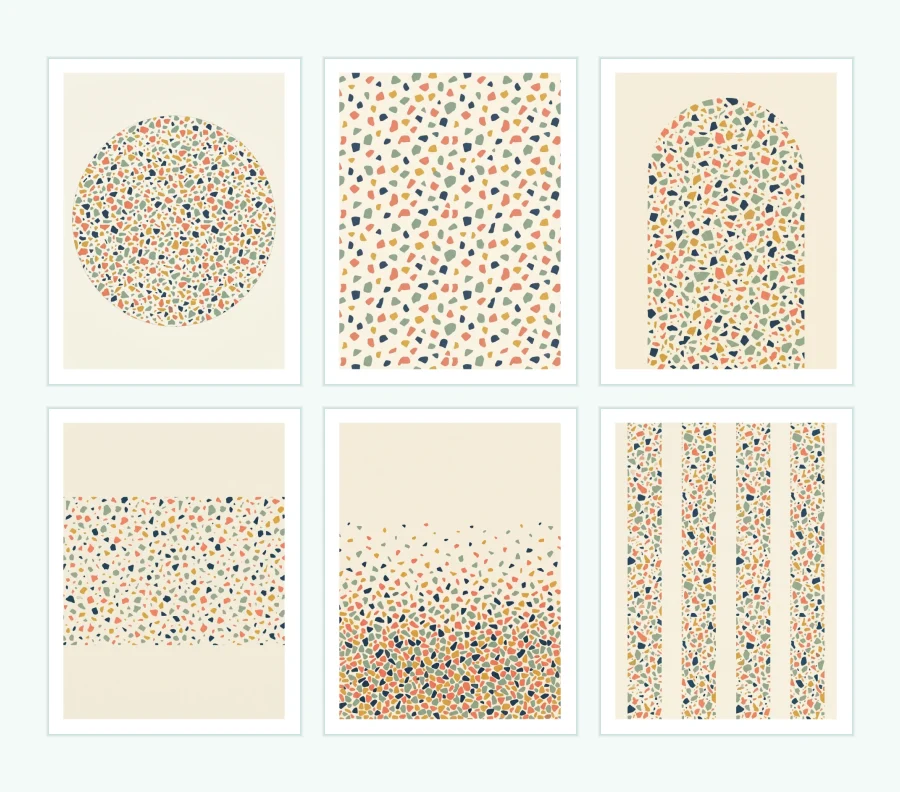 Six framed art prints with abstract terrazzo patterns in pastel colors.