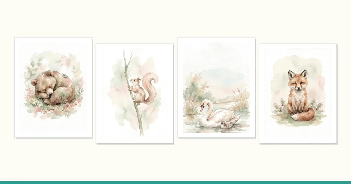 Four watercolor prints of woodland animals: a sleeping bear, a squirrel on a branch, swans on a lake, and a sitting fox.