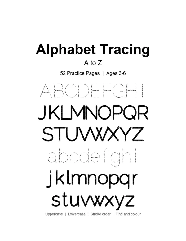 Cover page for alphabet tracing workbook showing uppercase and lowercase letters to trace and color.