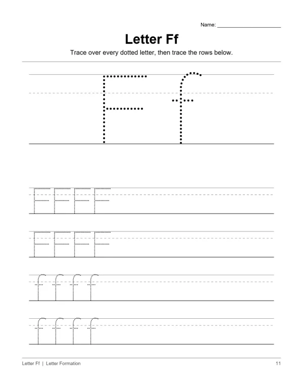 Traceable uppercase and lowercase letter F with dotted lines for practice, and rows of letters to trace.