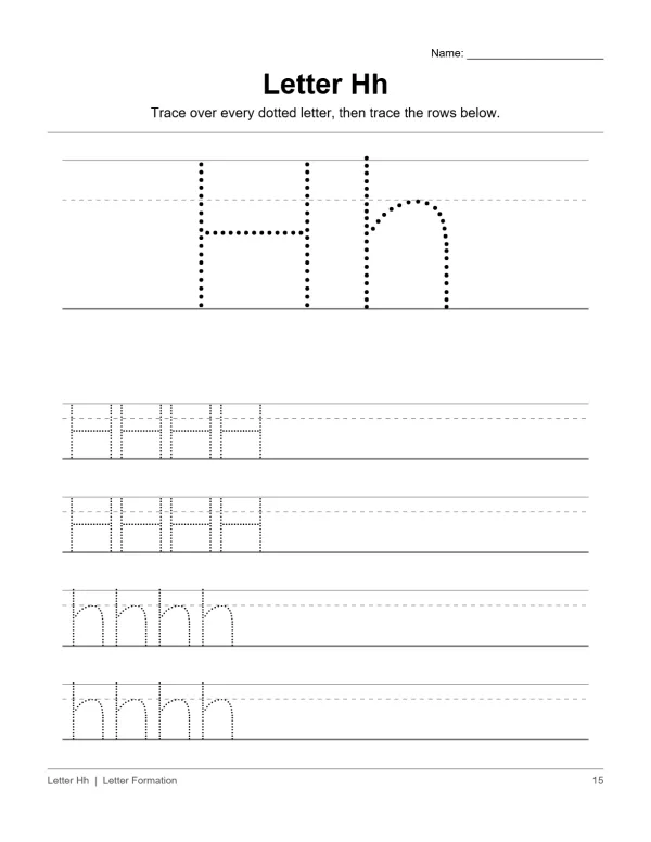 Tracing worksheet for uppercase and lowercase letter H with dotted lines for practice.