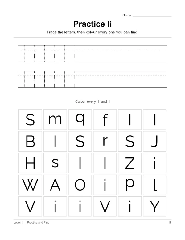 Worksheet for tracing the letter I, with dotted lines to follow and a grid of letters to find.