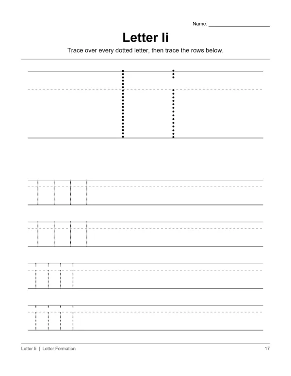Worksheet for tracing the letter i with dotted lines and practice rows.