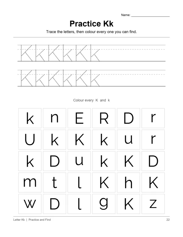 Alphabet tracing worksheet showing uppercase and lowercase letters K, followed by a grid of letters to find.