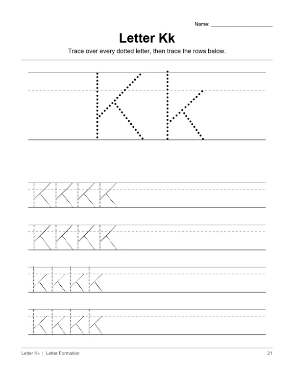 Traceable capital K and lowercase k on dotted lines, followed by rows of traceable Ks.