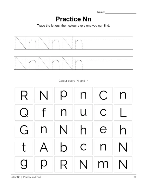 Tracing lines for uppercase and lowercase N, followed by a grid of letters to find the Ns.