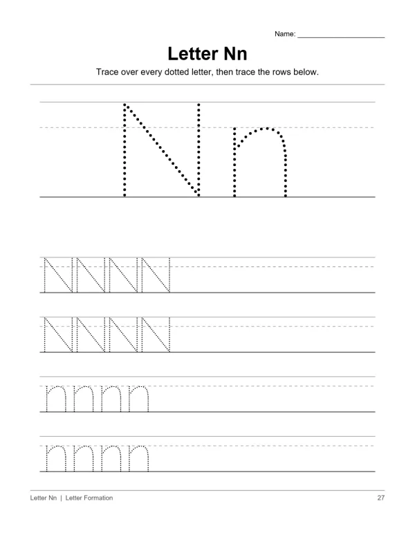 Trace the dotted uppercase and lowercase letter N, then practice writing rows of Ns.