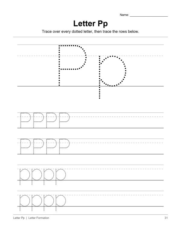 Uppercase and lowercase letter P traced with dots and lines for handwriting practice.