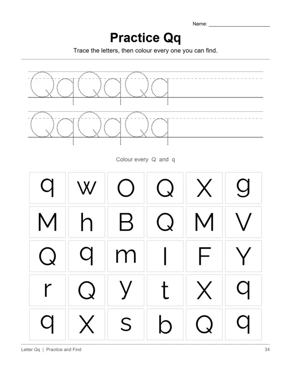 A worksheet for tracing the letter Q and finding it among other letters.