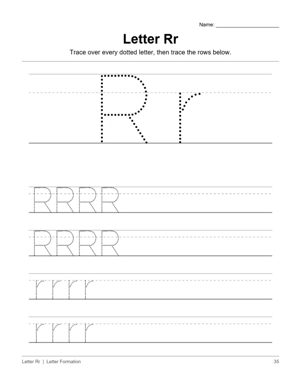 Tracing lines for uppercase and lowercase letter R on a lined worksheet.
