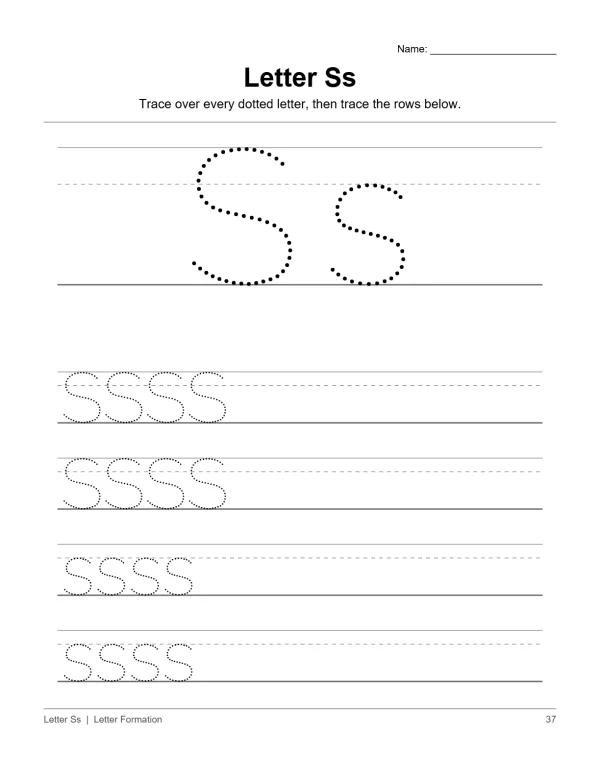 Uppercase and lowercase letter S dotted outlines for tracing above rows of dotted letters.