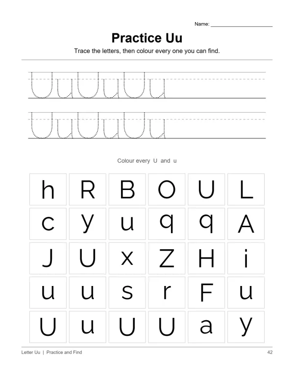 Worksheet for practicing the letter U with tracing lines and a grid of letters to find.