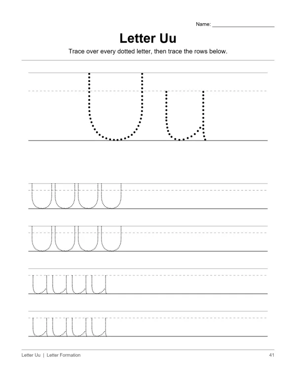 Uppercase and lowercase letter U tracing practice worksheet with dotted lines.