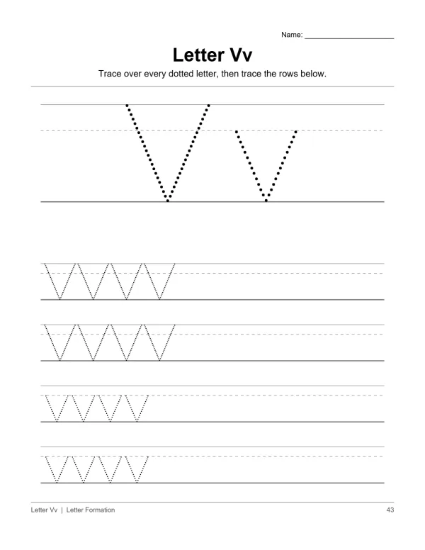 Tracing practice for the uppercase and lowercase letter V with dotted lines and multiple rows.