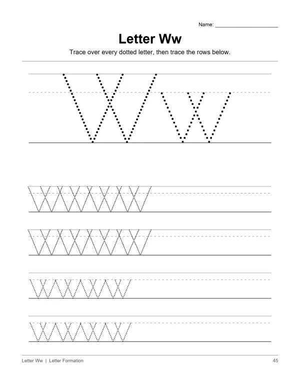 Worksheet for tracing the letter W with dotted uppercase and lowercase Ws and rows of Ws to trace.