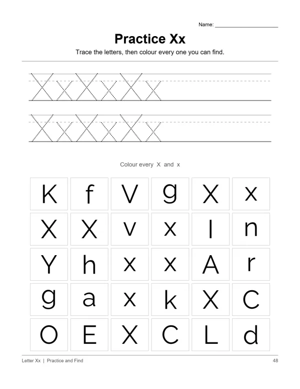 Worksheet for tracing uppercase and lowercase X, and finding X's in a grid of letters.