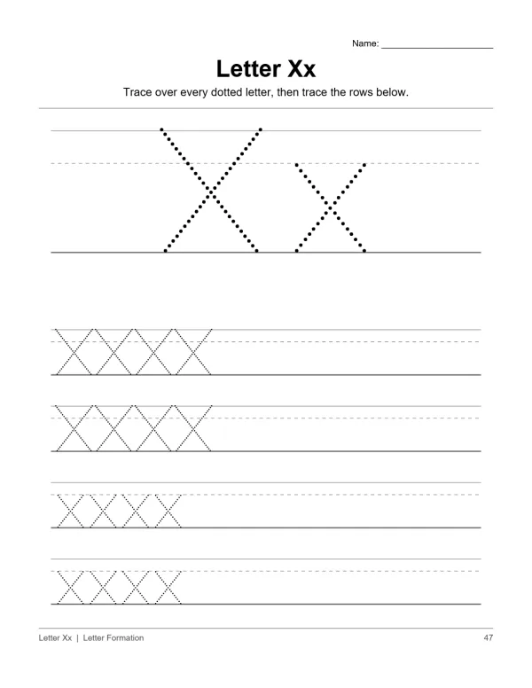Tracing worksheet with dotted uppercase and lowercase letter X, followed by rows of dotted Xs to trace.