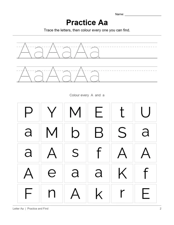 Worksheet with dotted uppercase and lowercase letter A for tracing practice and a grid of letters to find.