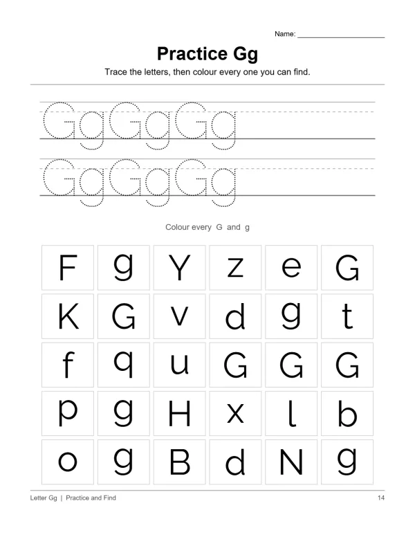 Worksheet with dotted uppercase and lowercase Gs to trace, and a grid of letters to find.