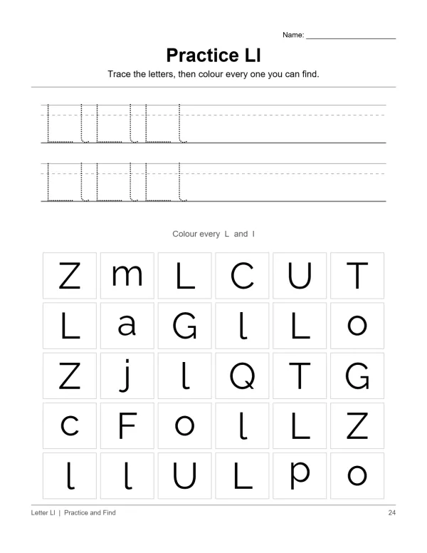 Worksheet for practicing letter L and I tracing and letter identification.