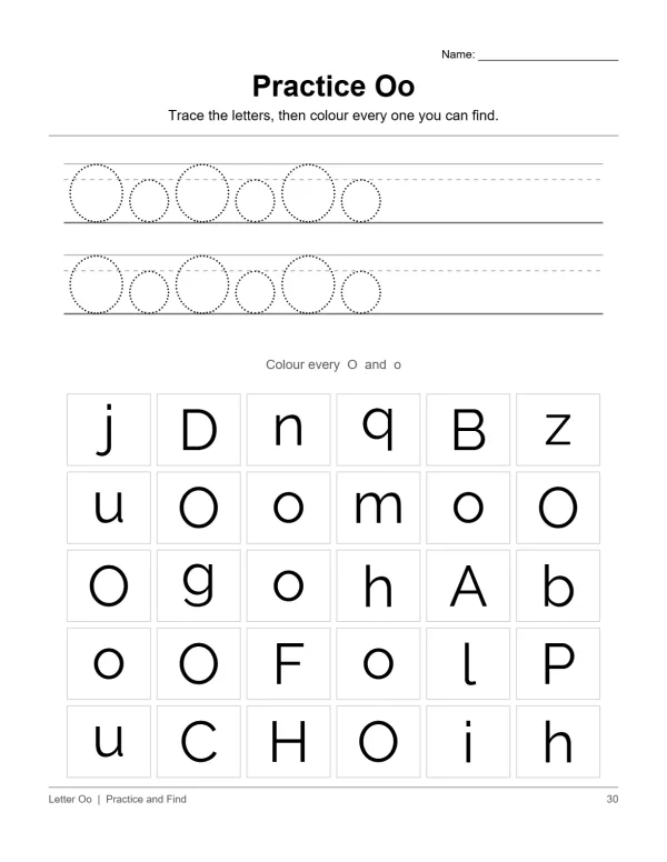 Worksheet showing uppercase and lowercase letter O tracing lines and a grid of letters to find and color.