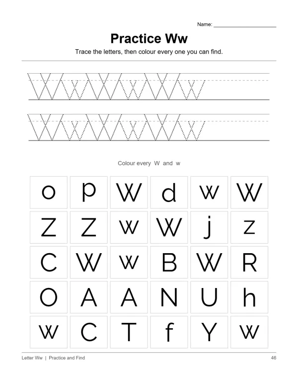 Worksheet with dotted lines for tracing the letter W, and a grid of letters to find and color.